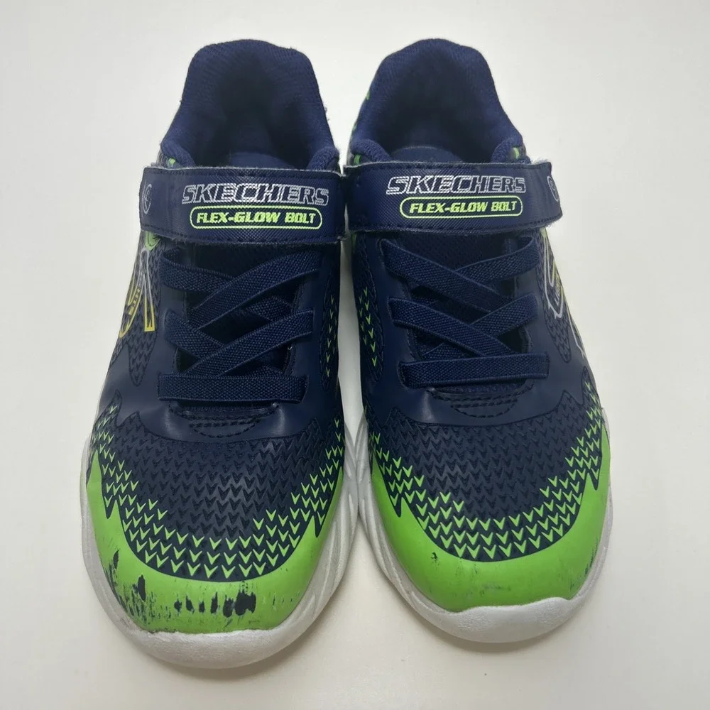 Skechers S-Lights: Boys Flex-Glow‎ Bolt Sneakers Size 2, Navy/Green/Yellow